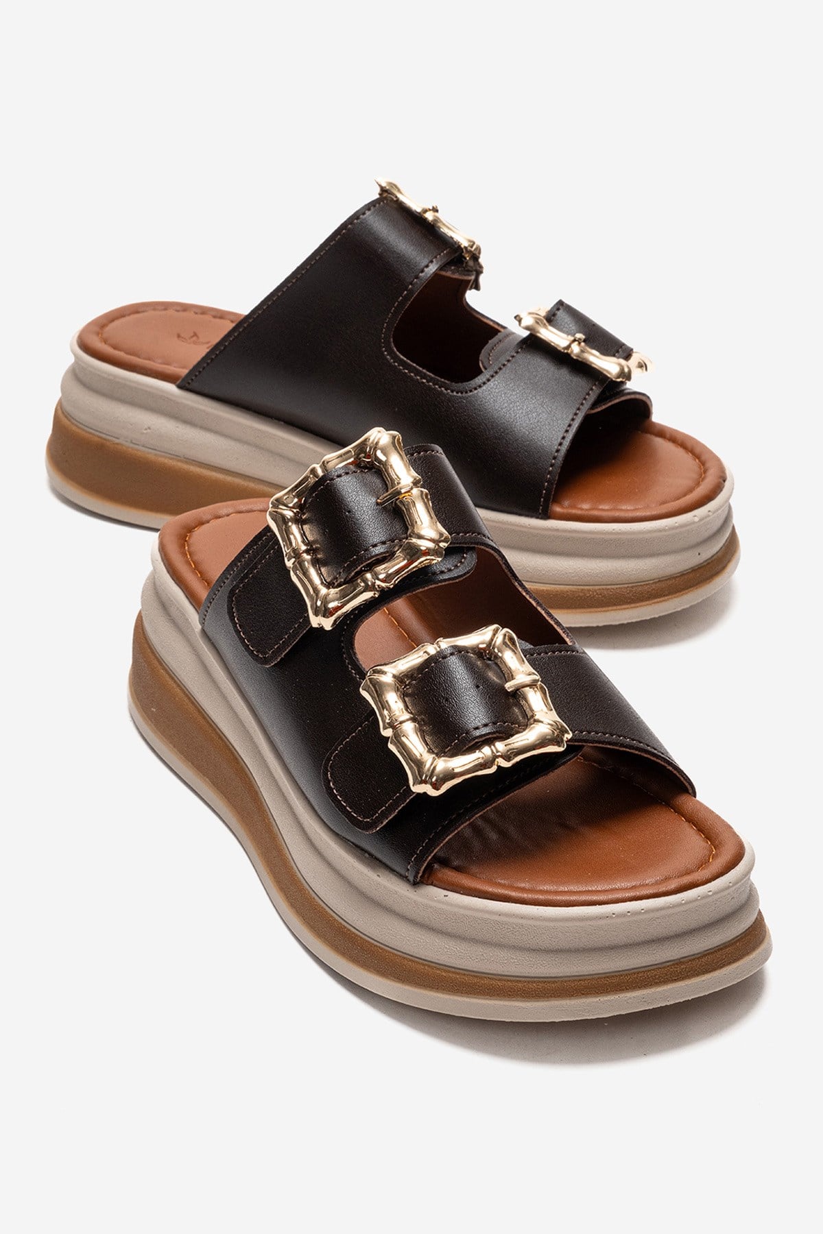 Kadın Çift Tokalı Terlik KAHVE