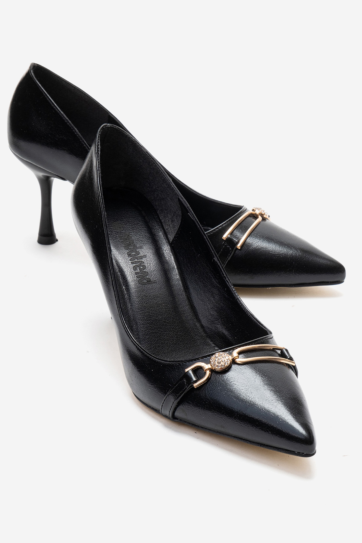 Kadın İnci Taşlı Sivri Burunlu Stiletto Ayakkabı SİYAH KIRIŞIK