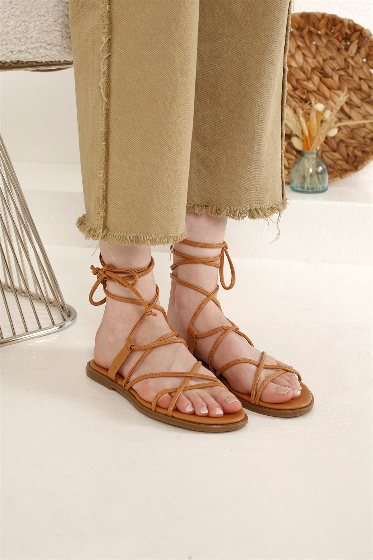 Kadın İp Bağlamalı Sandalet  CAMEL CİLT