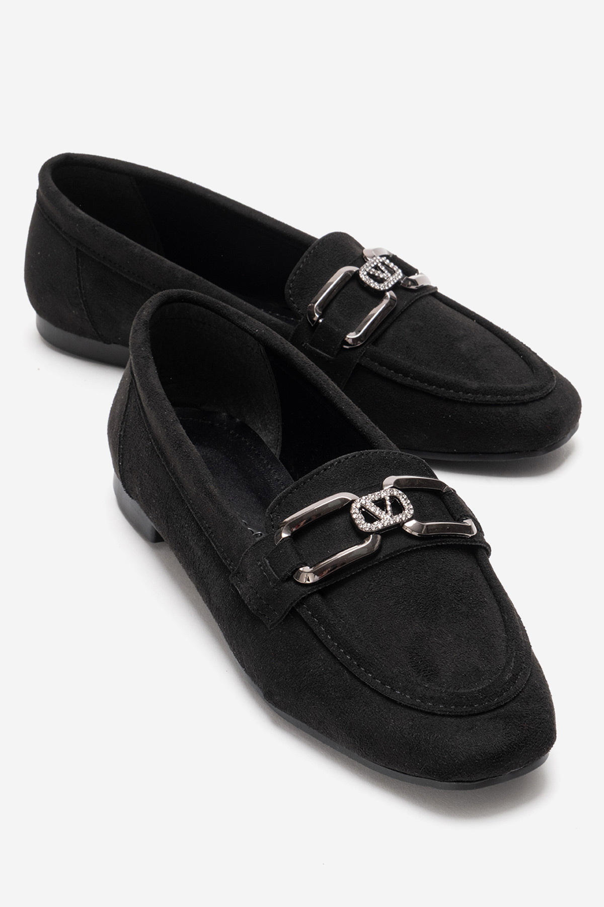 Kadın V Taşlı Tokalı Loafer Ayakkabı SİYAH SÜET