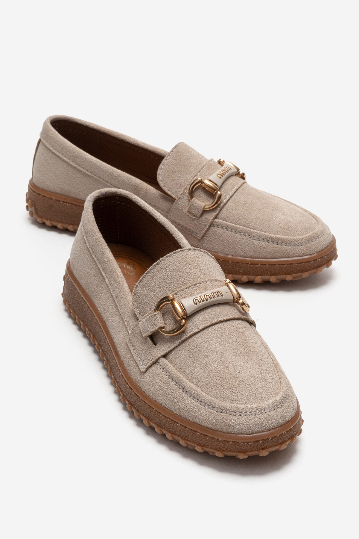 Kaydırmaz Kadın Tokalı Loafer Ayakkabı BEJ SÜET