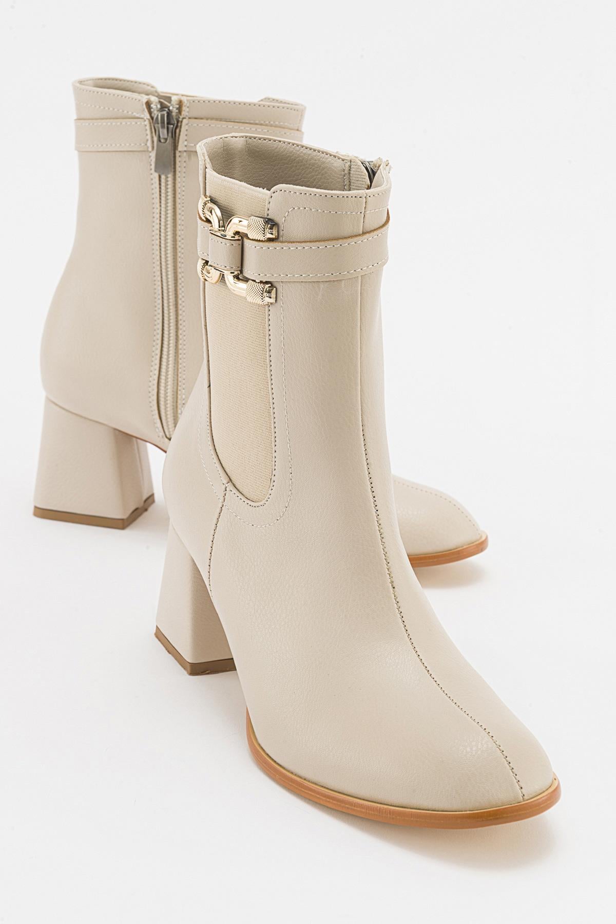 Tokalı Topuklu Bot BEJ CİLT