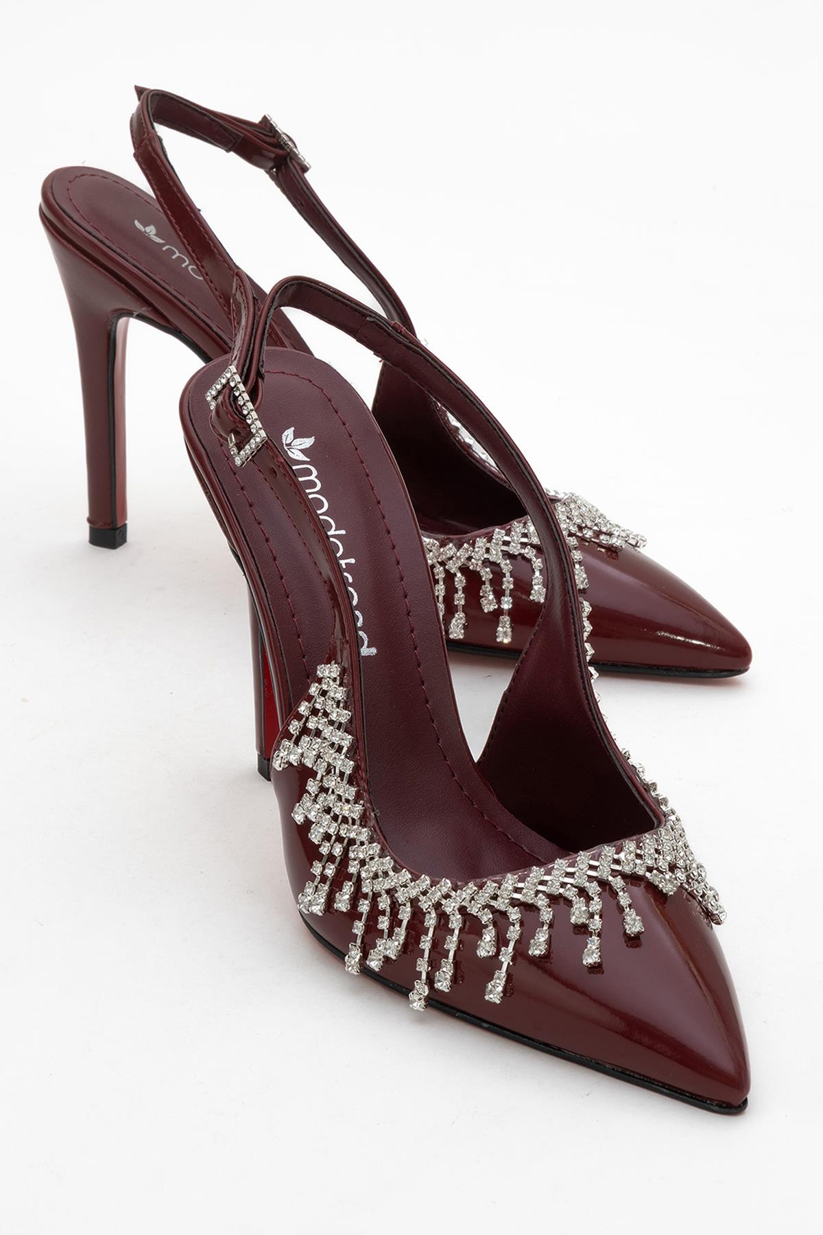 11 Cm Saçak Taşlı Açık Kadın Stiletto Ayakkabı BORDO RUGAN