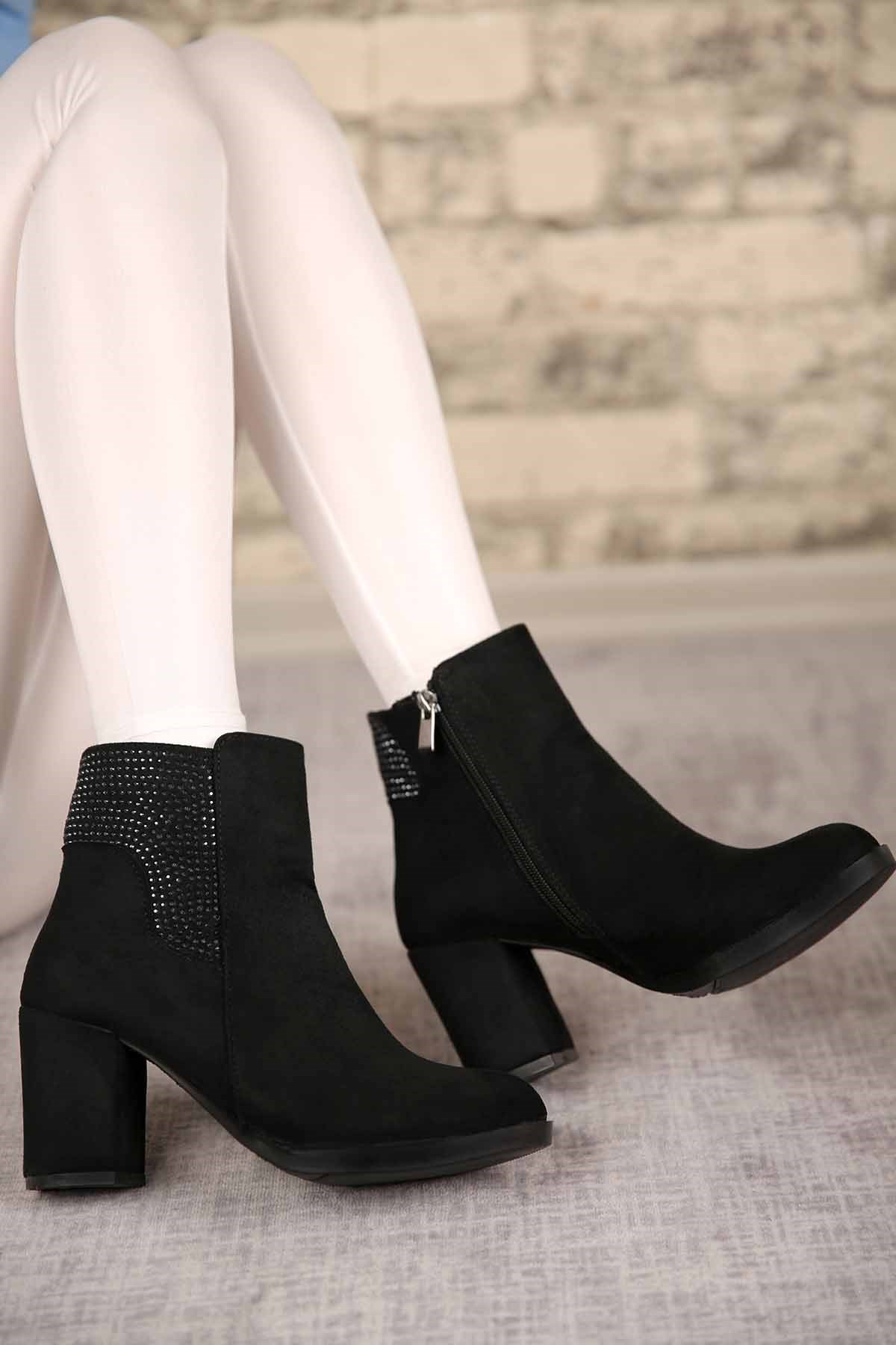 Bayan Arkası Taşlı Bot SİYAH SÜET