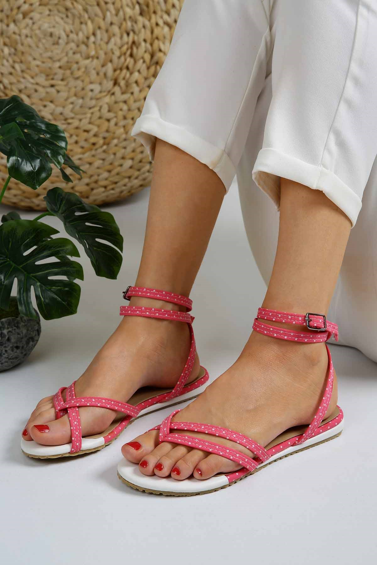 Bayan Çapraz Parmak Sandalet  - 7008 PEMBE PUANLI