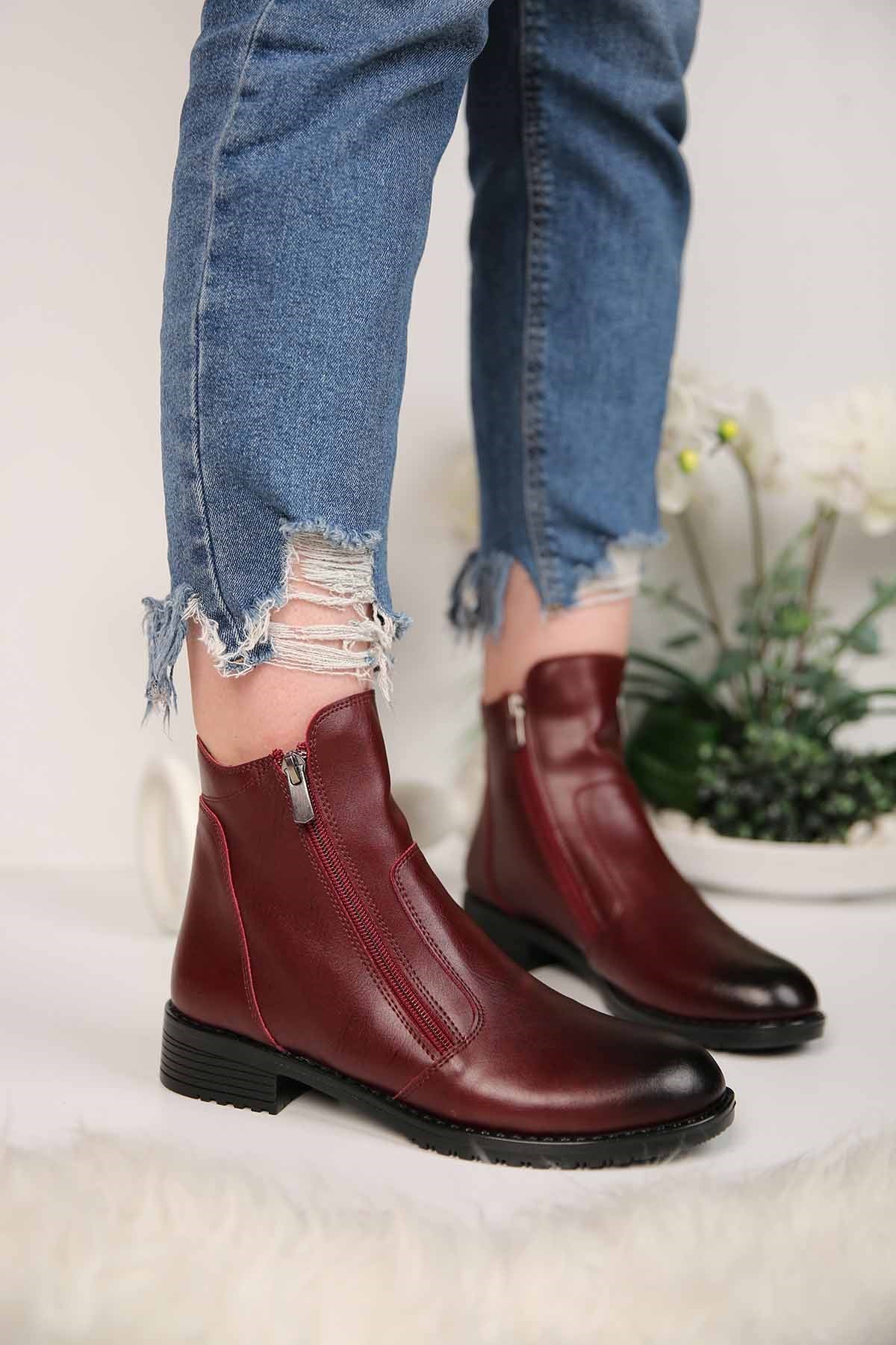 Bayan Çift Fermuarlı Bot - 2271 BORDO CİLT
