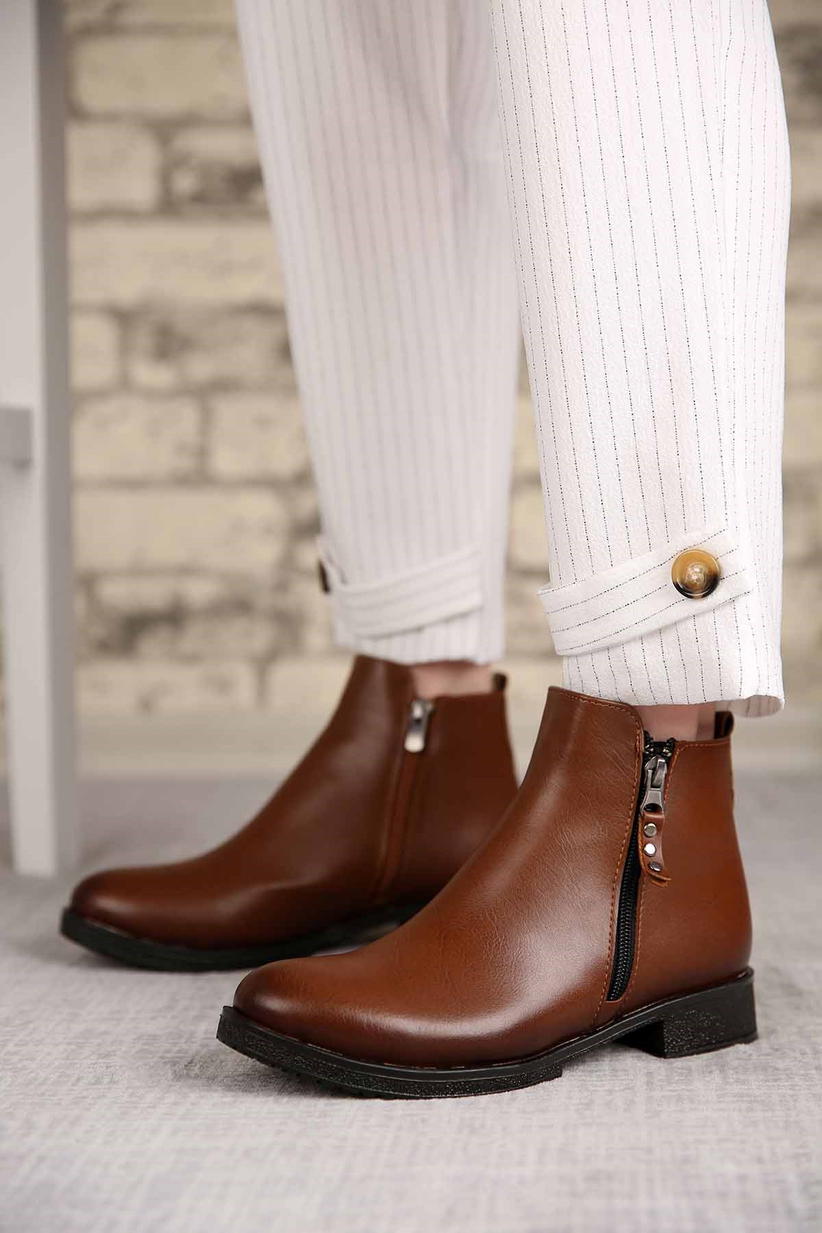 Bayan Çift Fermuarlı Bot TABA CİLT