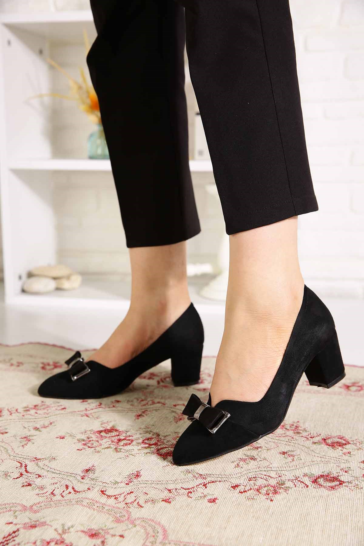 Bayan Günlük Topuklu  Ayakkabı - E208 SİYAH SÜET