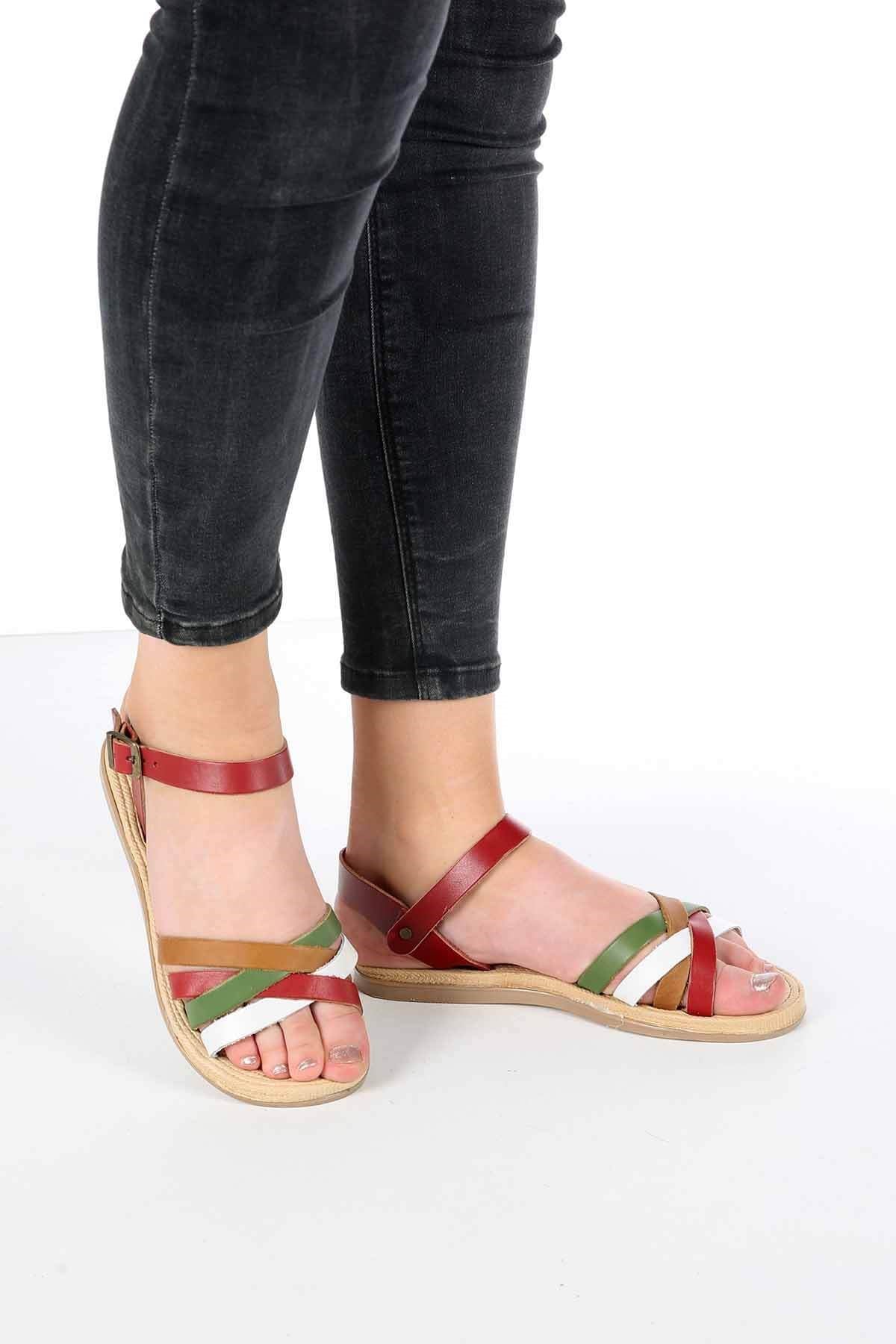 Bayan Hakiki Deri Sandalet - 0104 BORDO GARNİ