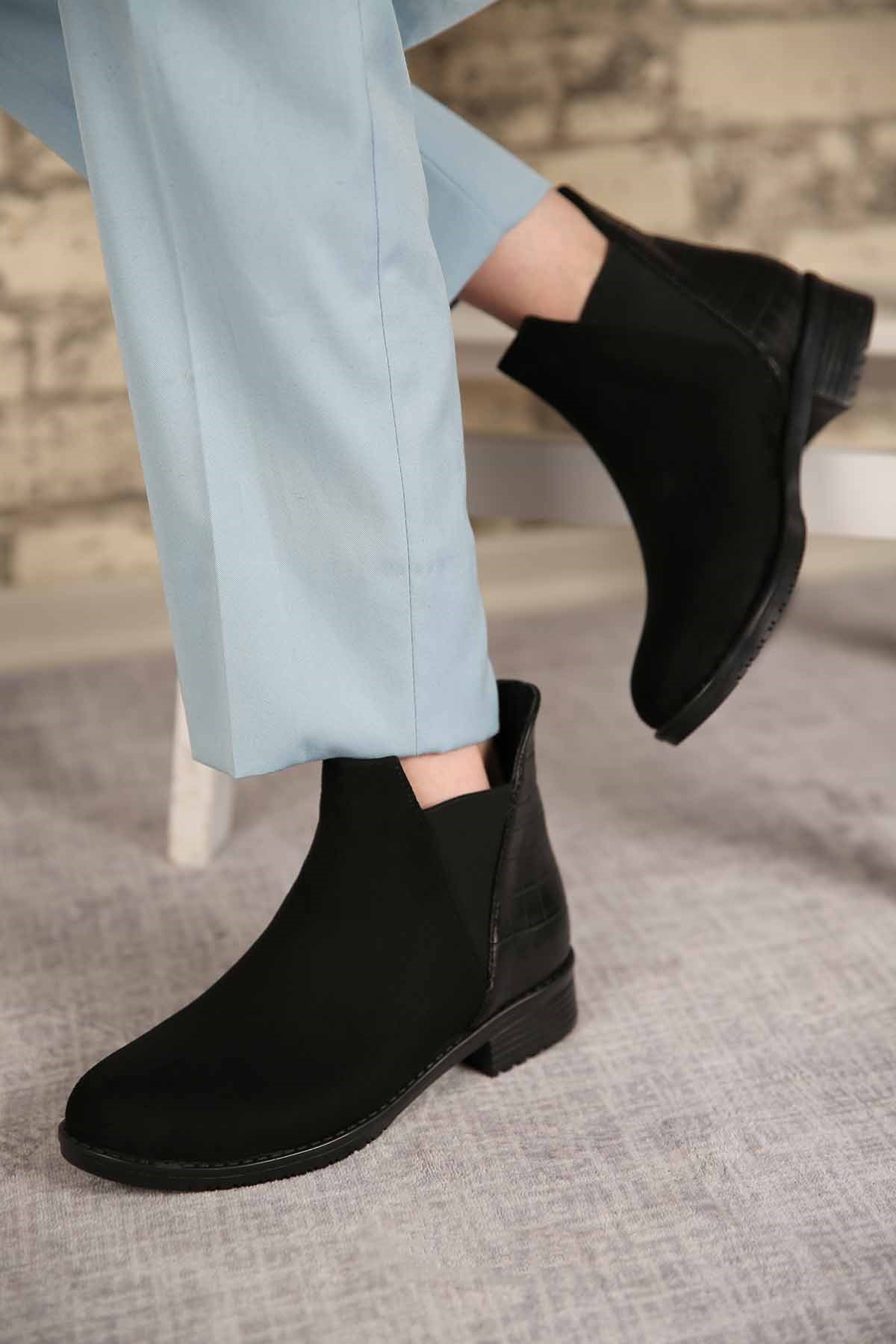 Bayan Lastikli Bot SİYAH SÜET SİYAH KROKO