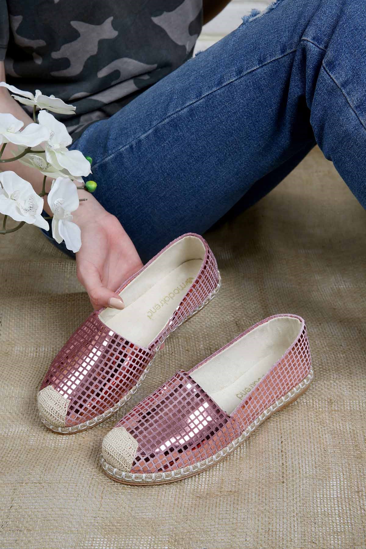 Bayan Parlak Kare Desen Espadril 7121 PUDRA KARE