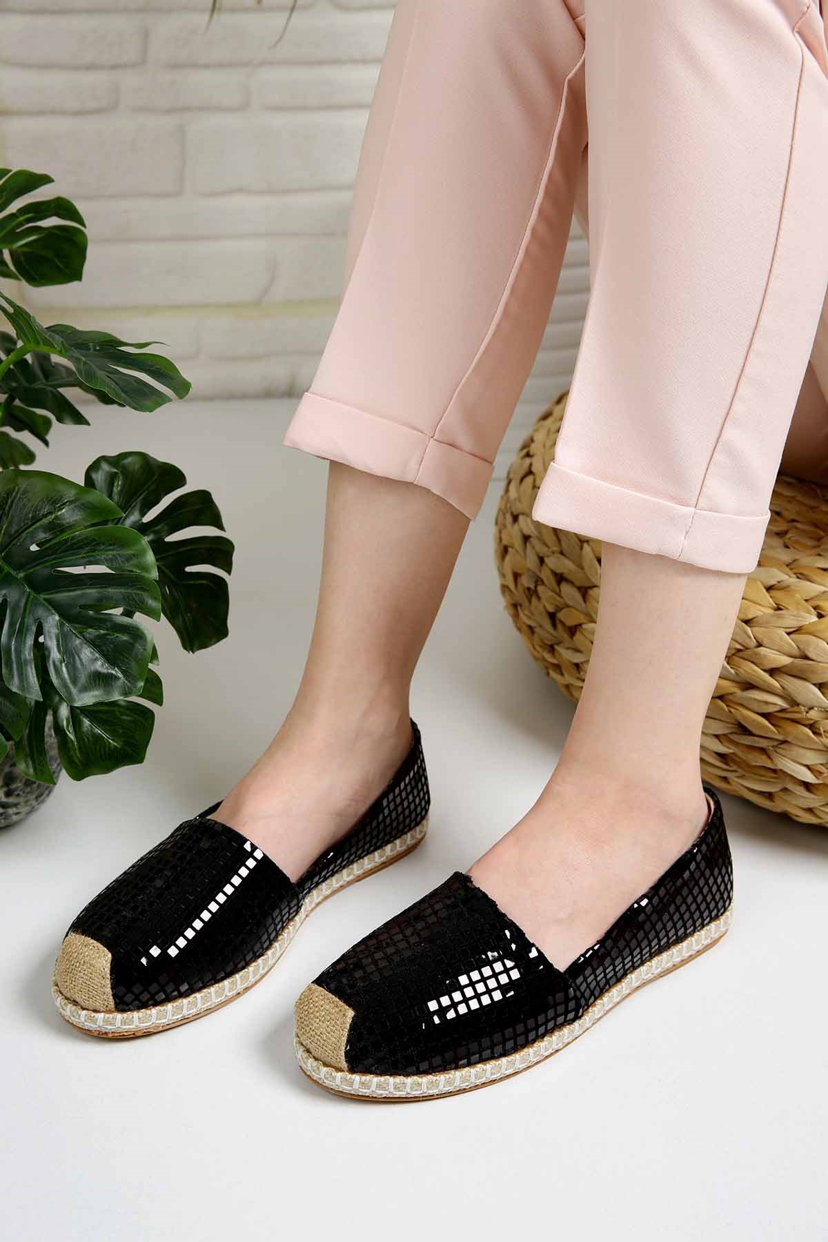 Bayan Parlak Kare Desen Espadril 7121 SİYAH KARE
