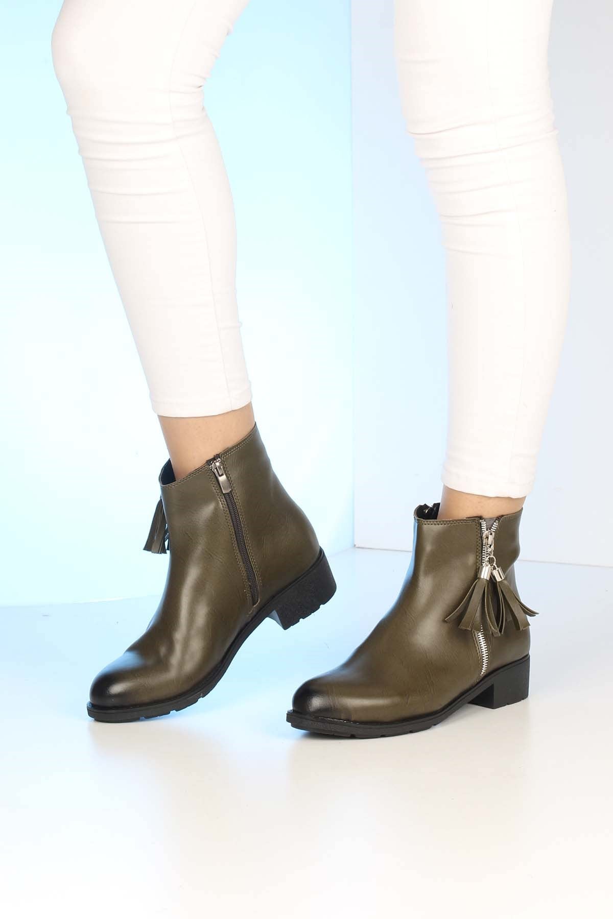 Bayan Püsküllü Çift fermuarlı Bot - 2236 HAKİ CİLT