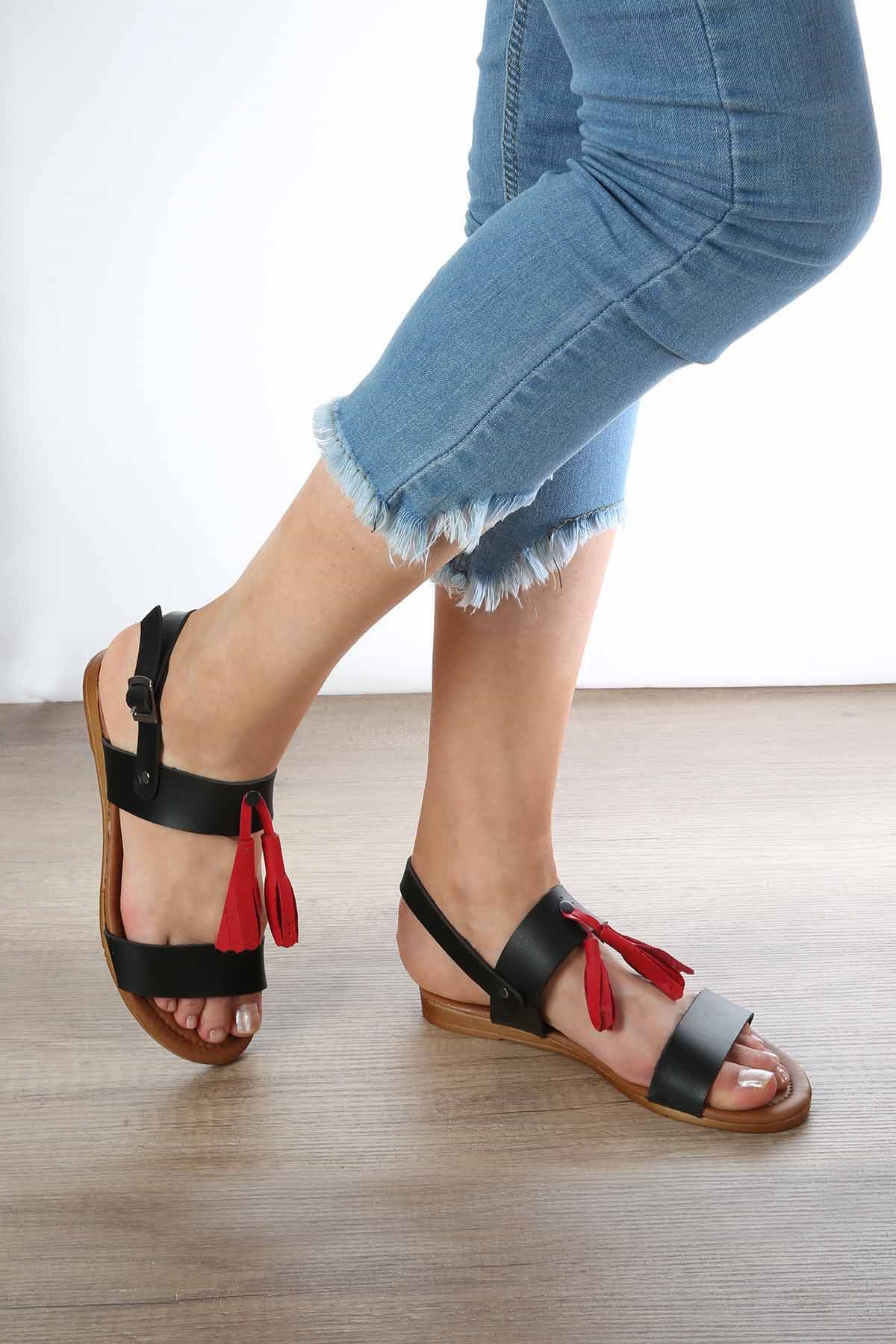 Bayan Sandalet - 3951 SİYAH CİLT KIRMIZI