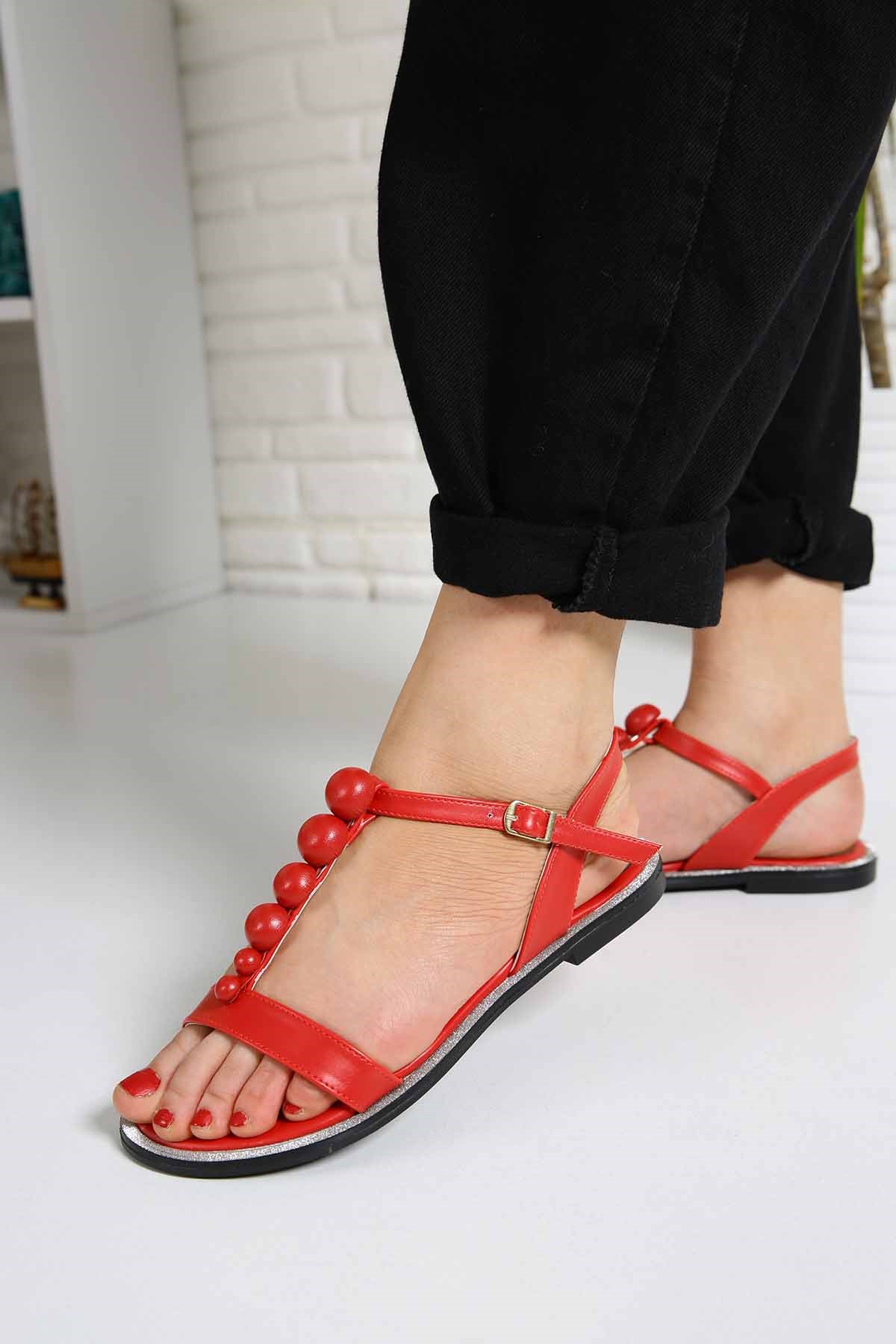Bayan Sandalet - R1034 KIRMIZI CİLT