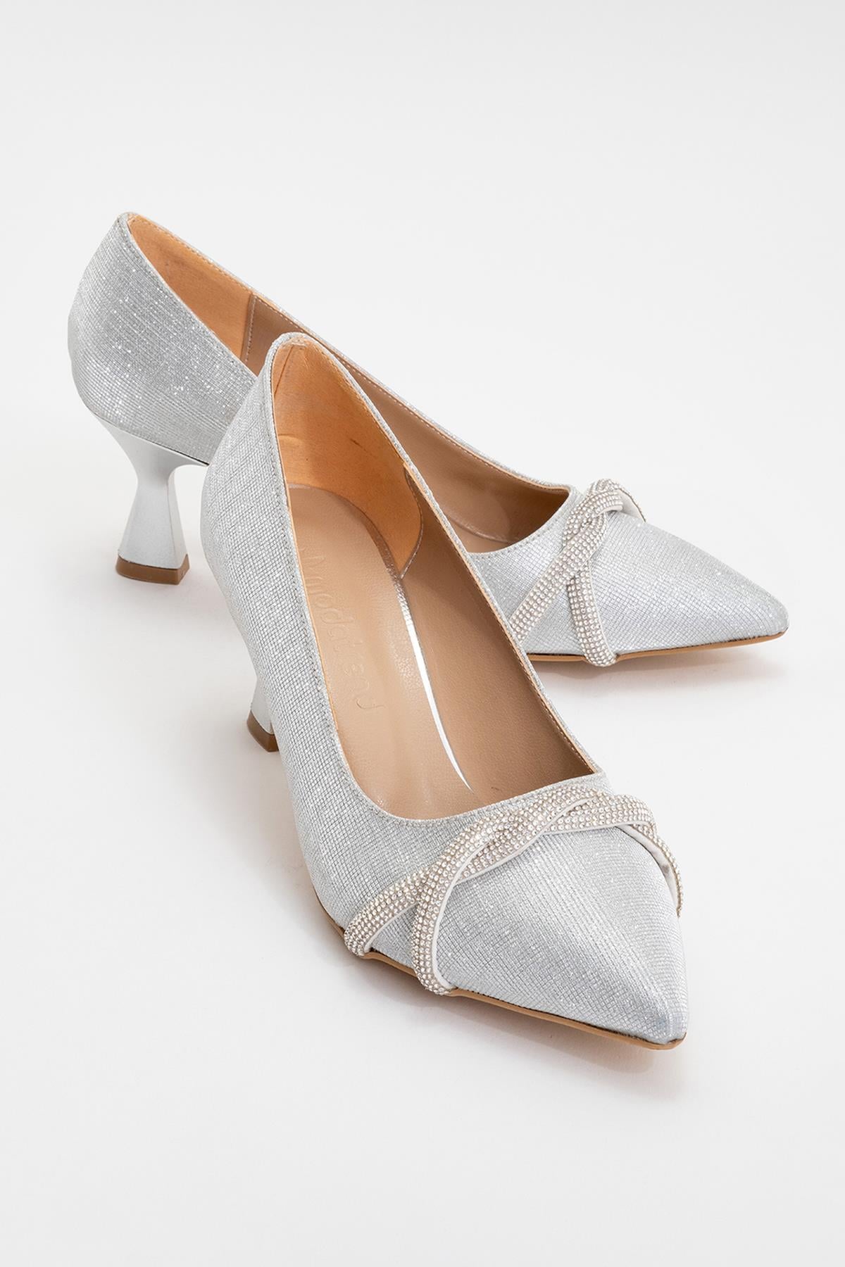Çapraz Taşlı Kadın Stiletto Ayakkabı GÜMÜŞ SİM