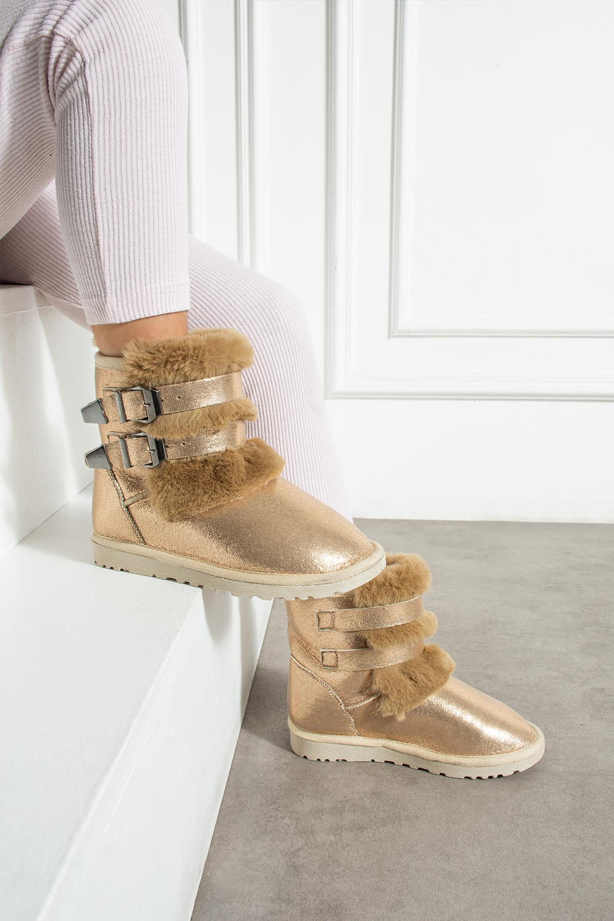 Çift Tokalı İnce Taban Kadın Bot BRONZ SULTAN