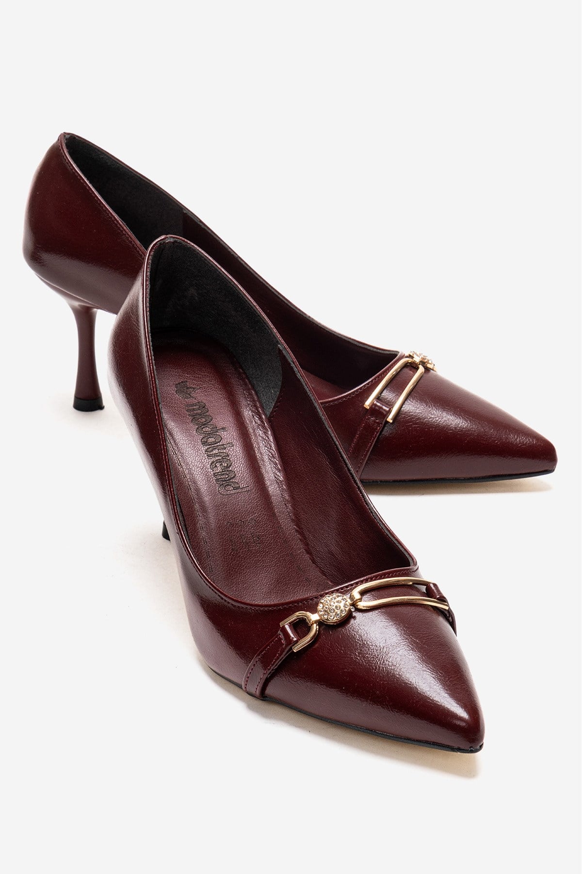 Kadın İnci Taşlı Sivri Burunlu Stiletto Ayakkabı BORDO KIRIŞIK