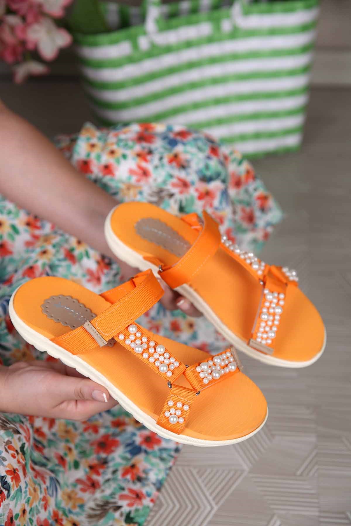 Kadın İncili Cırtlı Terlik ORANJ