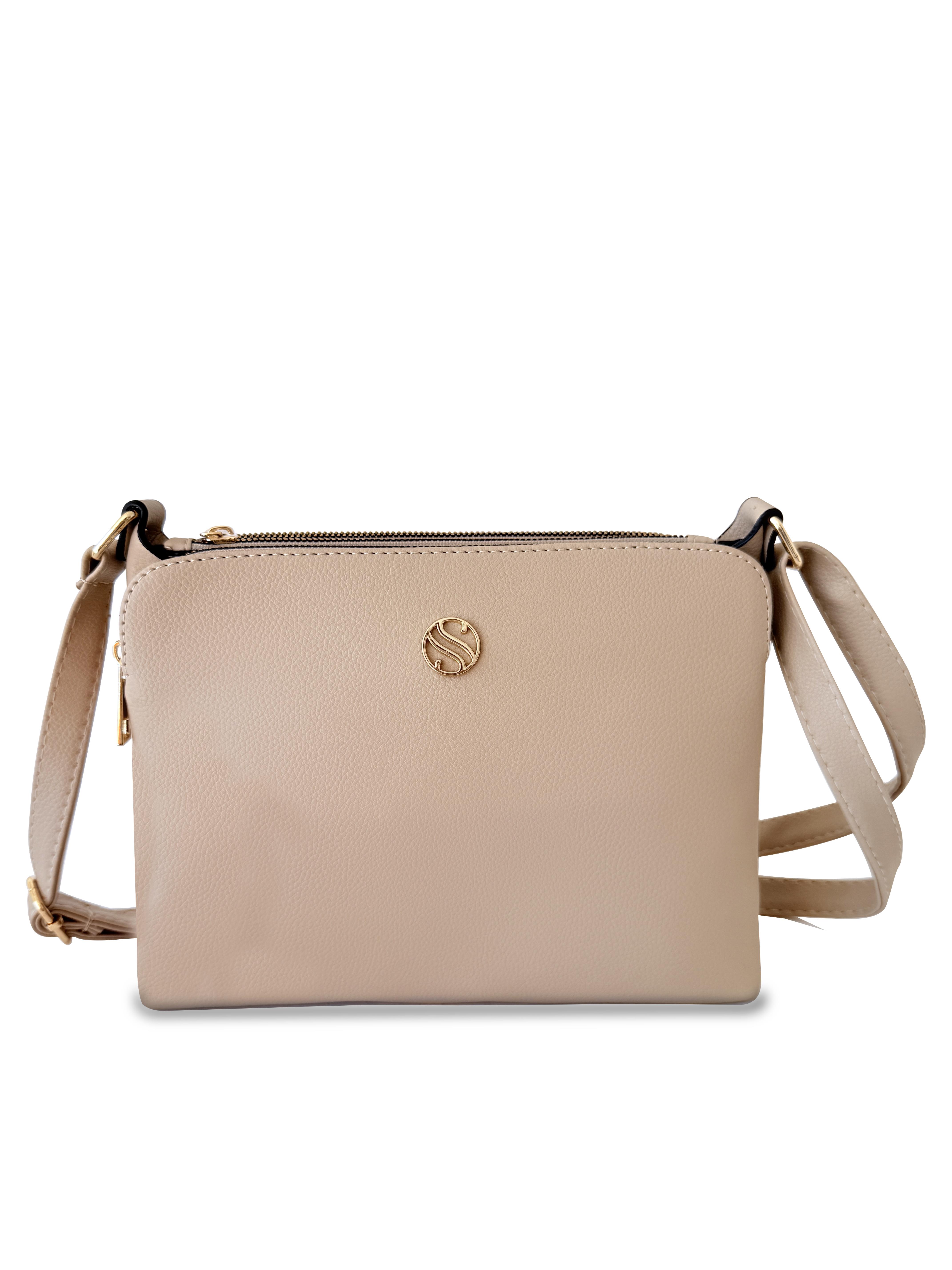 Kadın Suni Deri Ayarlanabilir Çapraz Askılı 4 Bölmeli ve Metal Fermuarlı Omuz Çantası NUDE