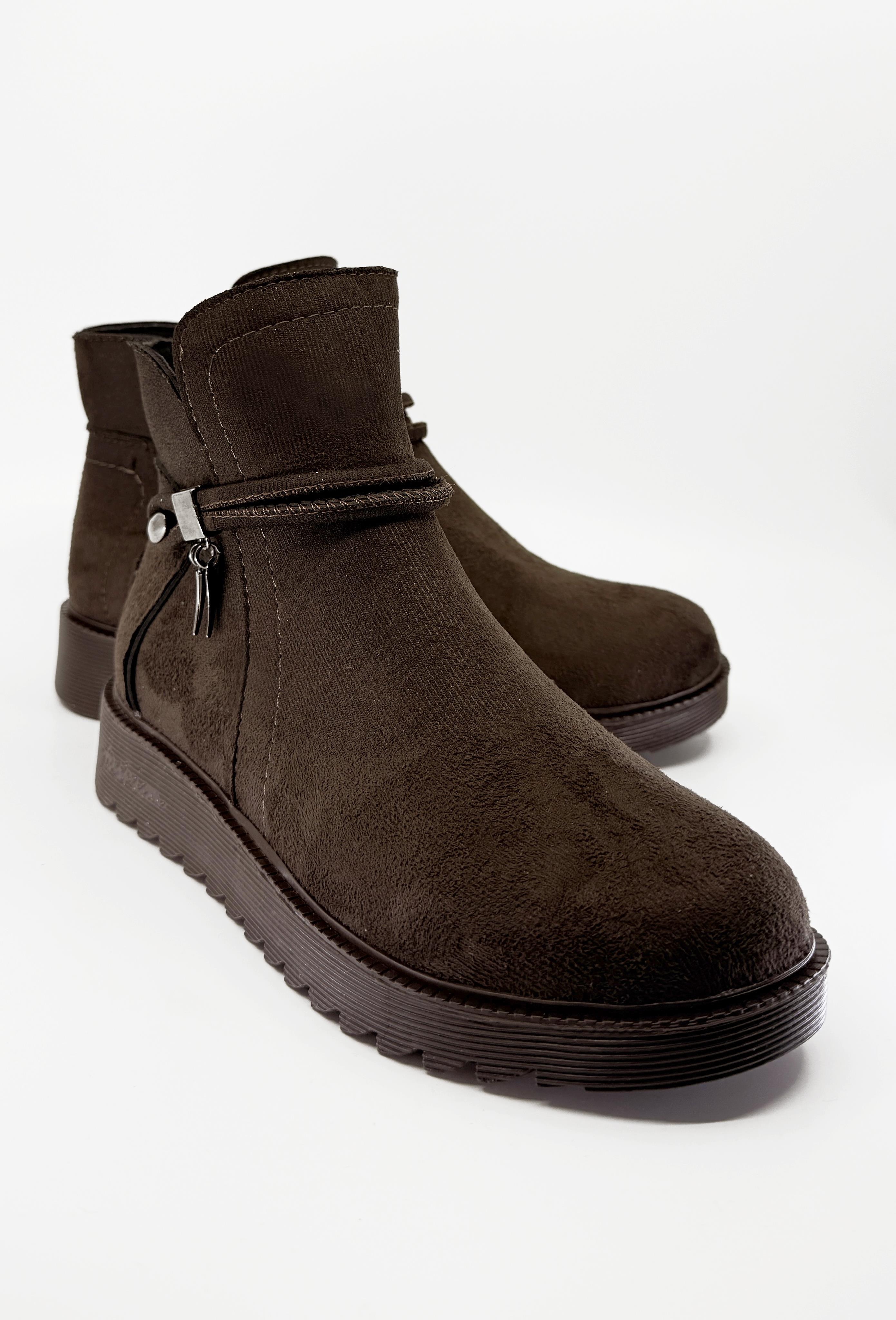 Sade Fermuarlı Aksesuarlı Düz Bot KAHVE SÜET