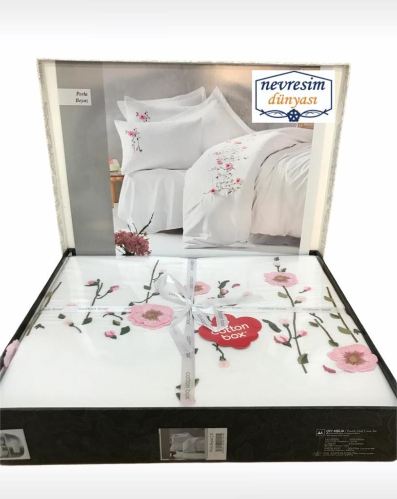 ND 3D Nakışlı Çift Kişilik Saten Nevresim Takımı Perla Beyaz