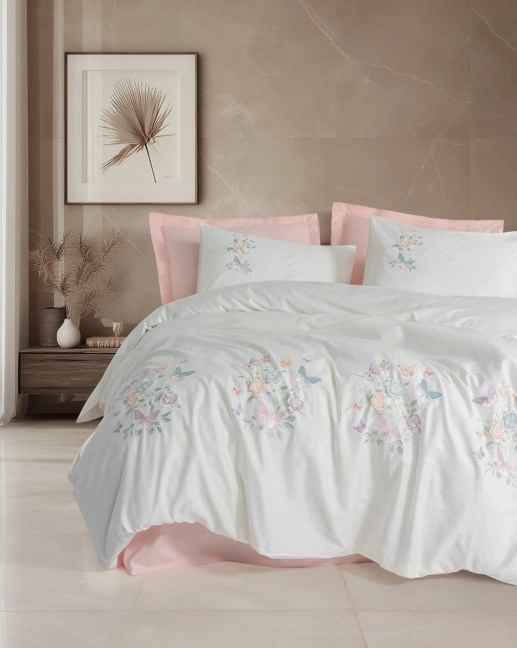 ND 3D Nakışlı Çift Kişilik Saten Nevresim Takımı Liva Pudra