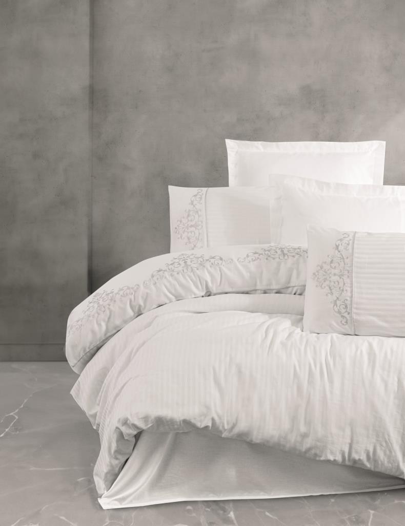 ND Brode Nakışlı Çift Kişilik Saten Nevresim Takımı Genny Beyaz