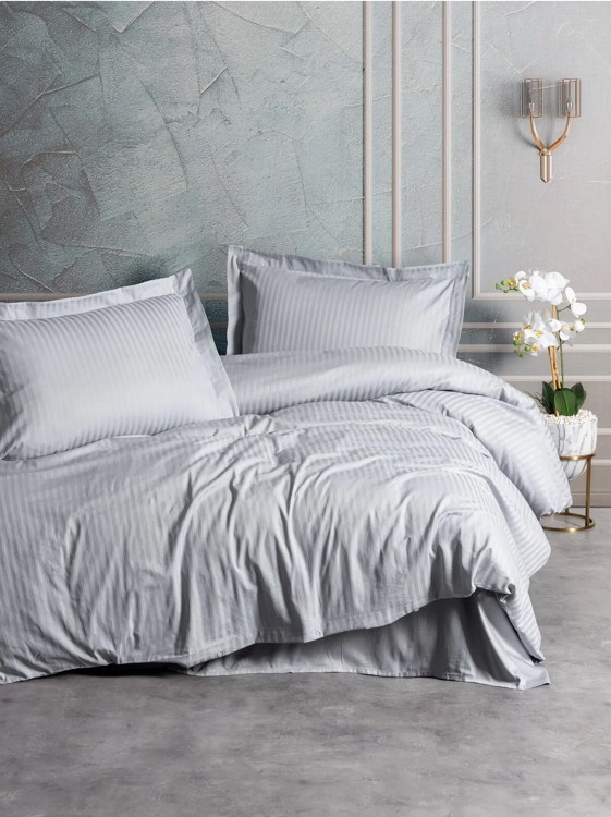 ND Stripe Elegant Gri Çift Kişilik Saten Nevresim Takımı
