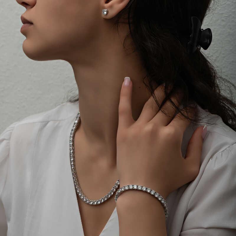 Hk Gümüş Kadın Set 2.5 mm Beyaz Taşlı Su Yolu |Gümüş Takı Hediyelik Ürünler