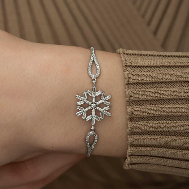 Hk ​Gümüş Kadın Bileklik Baget Taşlı Kar Tanesi|Gümüş Takı Hediyelik Ürünler