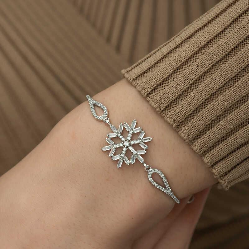 Hk ​Gümüş Kadın Bileklik Baget Taşlı Kar Tanesi|Gümüş Takı Hediyelik Ürünler