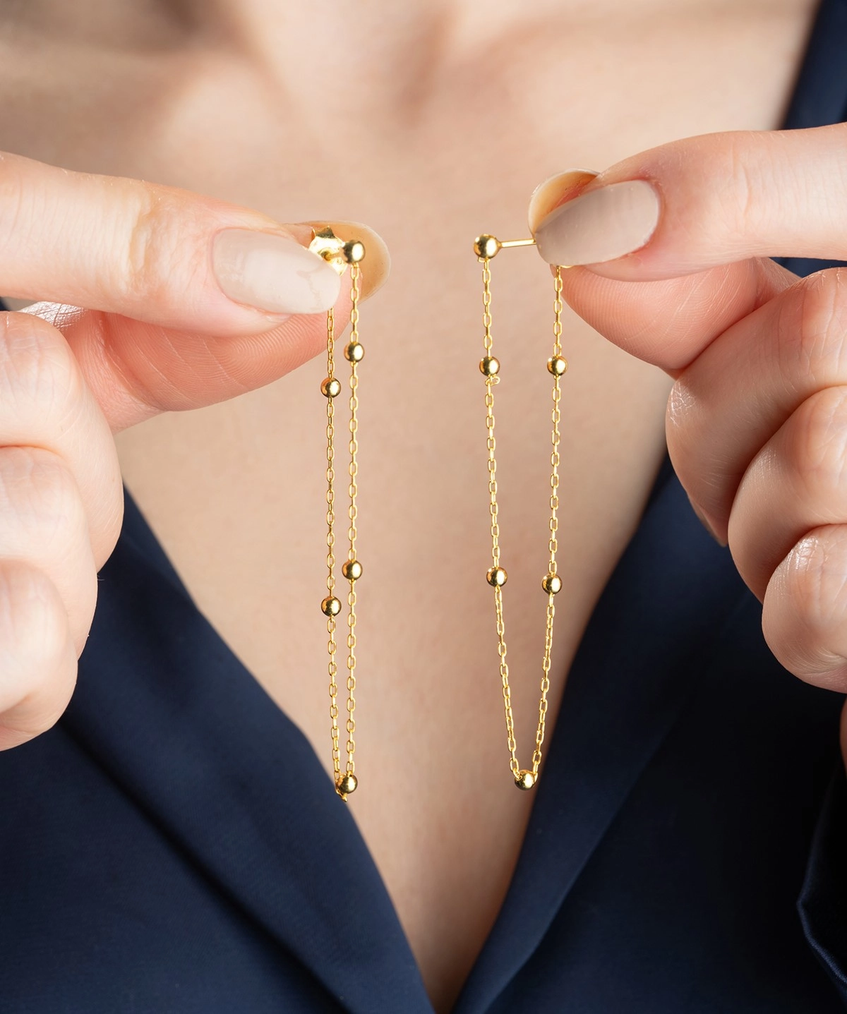 Hk Gümüş Kadın Küpe Çift Zincirli Gold Top Detaylı|Gümüş Takı Hediyelik Ürünler