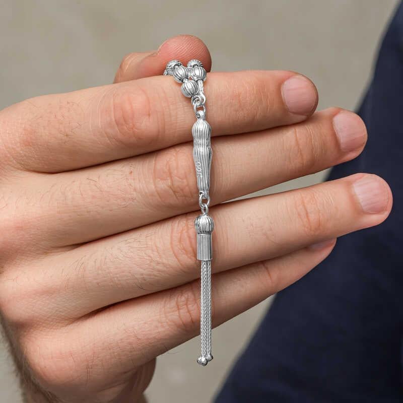 Hk Gümüş Erkek Tesbih Çizgili Yuvarlak |Gümüş Takı Hediyelik Ürünler