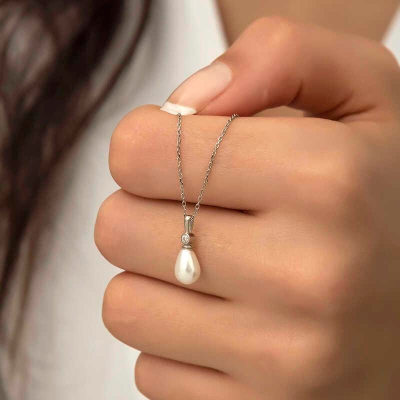 Hk Gümüş Kadın Kolye Damla İnci |Gümüş Takı Hediyelik Ürünler