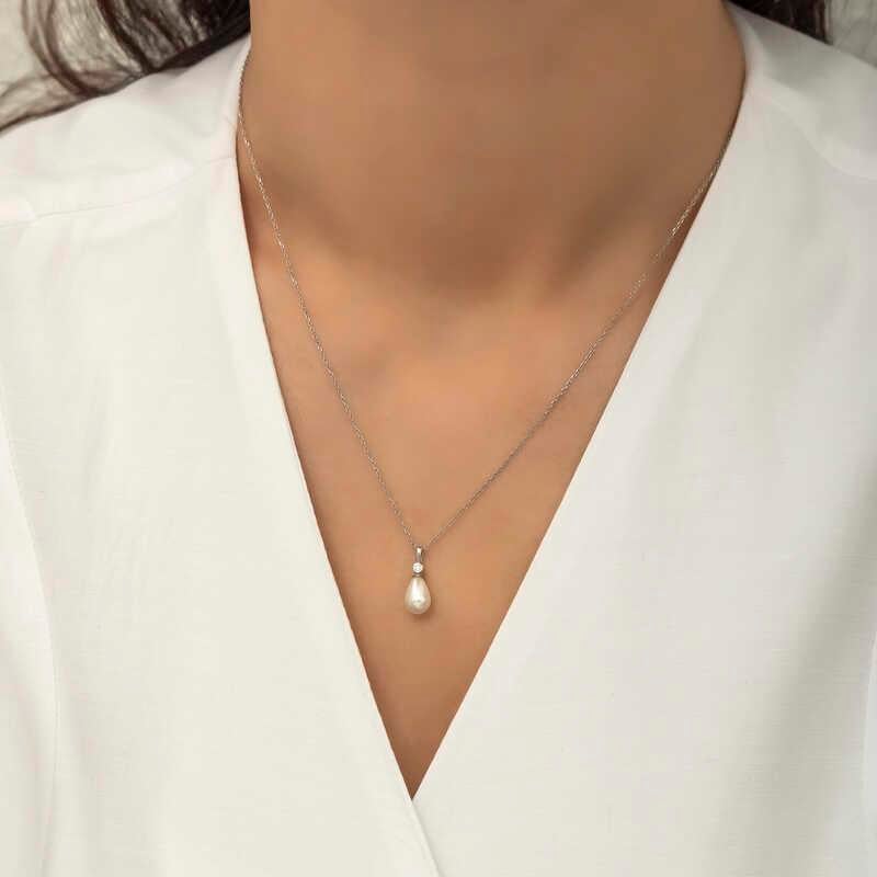 Hk Gümüş Kadın Kolye Damla İnci |Gümüş Takı Hediyelik Ürünler