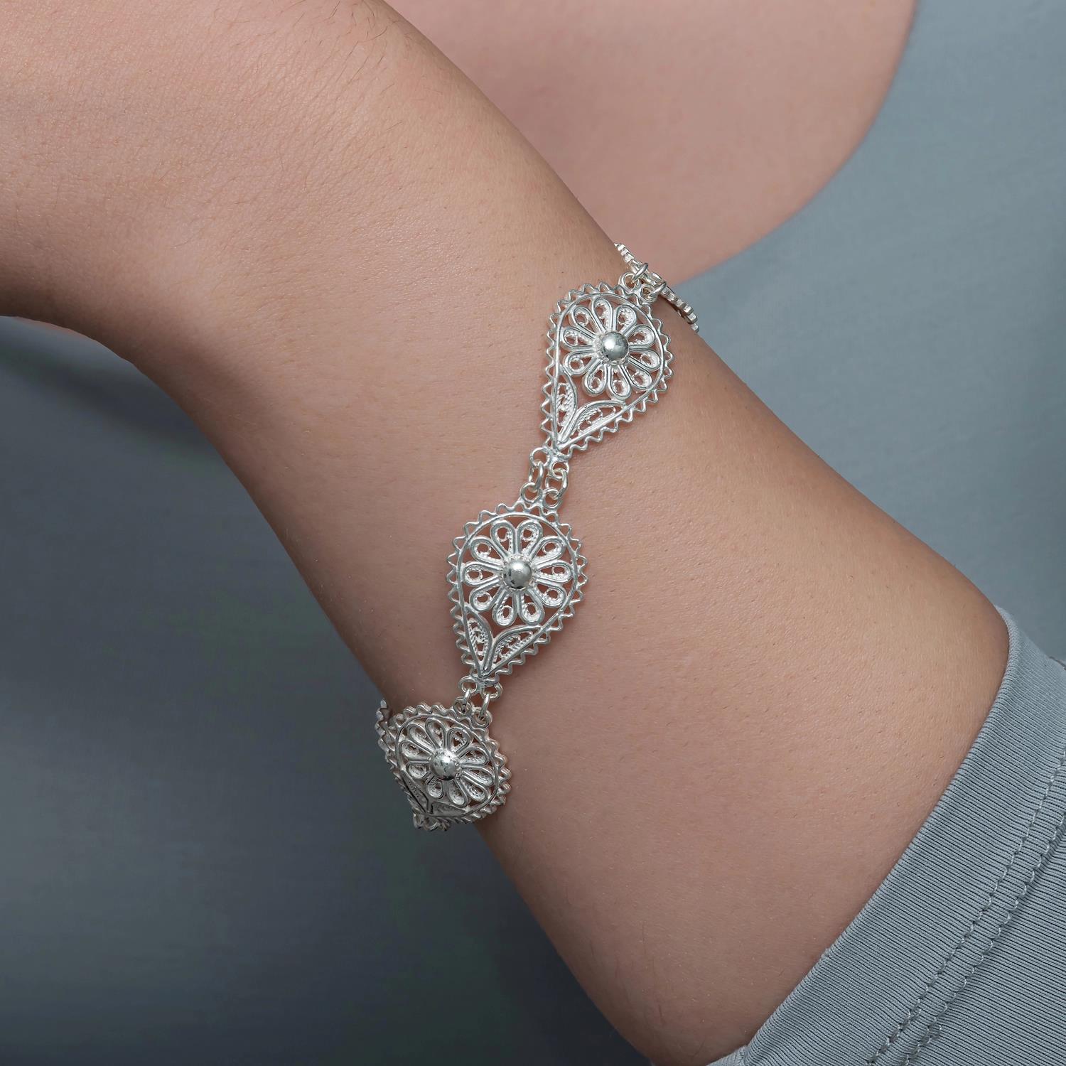 Hk Gümüş Kadın Bileklik Damla Papatya Telkari|Gümüş Takı Hediyelik Ürünler