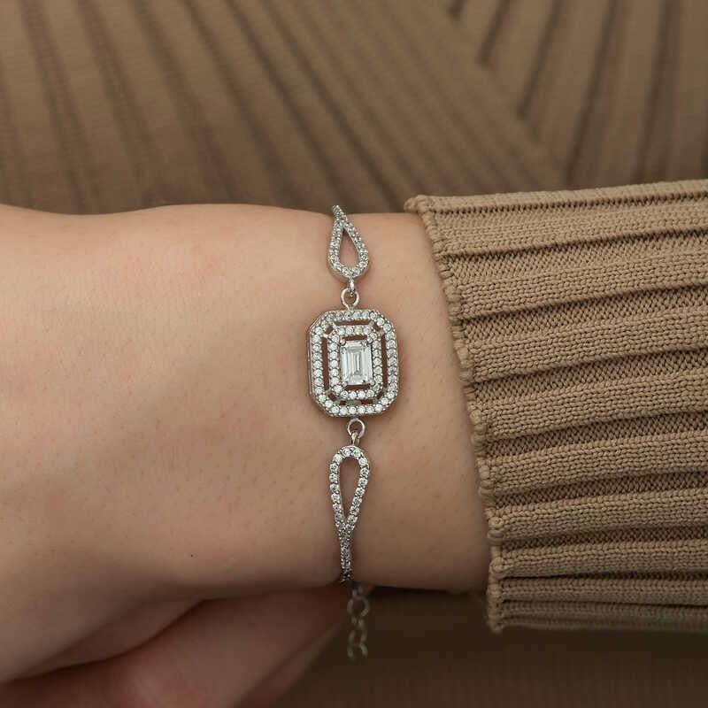 Hk ​Gümüş Kadın Bileklik Dikdörtgen Baget |Gümüş Takı Hediyelik Ürünler