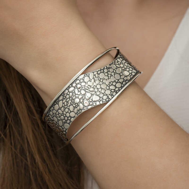 Hk Gümüş Kadın Bilezik Eskitme Desenli |Gümüş Takı Hediyelik Ürünler