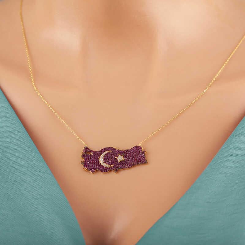 Hk Gümüş Kadın Kolye Gold Ay Yıldız Türkiye Haritası |Gümüş Takı Hediyelik Ürünler