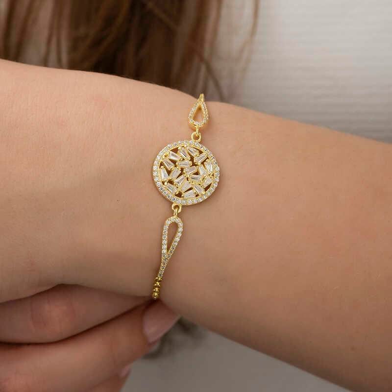 Hk Gümüş Kadın Bileklik Gold Baget Taşlı |Gümüş Takı Hediyelik Ürünler