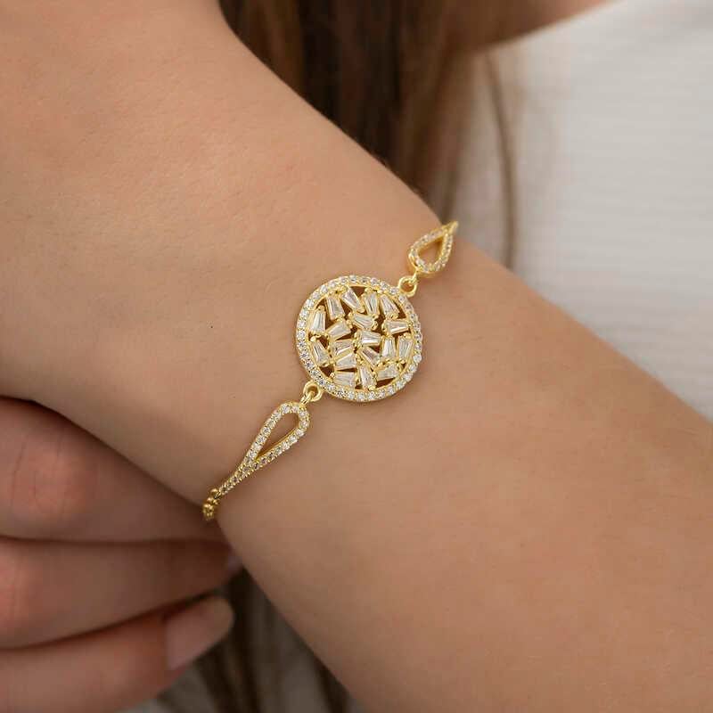 Hk Gümüş Kadın Bileklik Gold Baget Taşlı |Gümüş Takı Hediyelik Ürünler