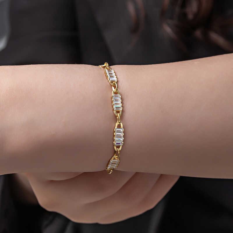 Hk Gümüş Kadın Bileklik Gold Baget Taşlı |Gümüş Takı Hediyelik Ürünler