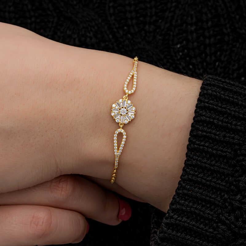 Hk Gümüş Kadın Bileklik Gold Baget Taşlı |Gümüş Takı Hediyelik Ürünler