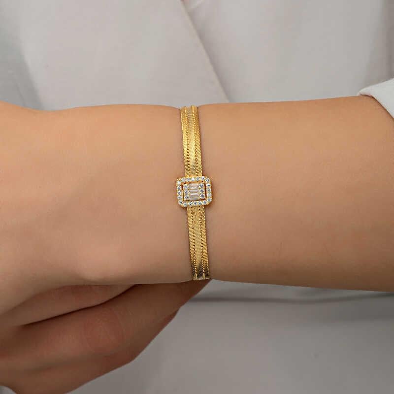 Hk Gümüş Kadın Bileklik Gold Baget Taşlı Trabzon Hasır |Gümüş Takı Hediyelik Ürünler