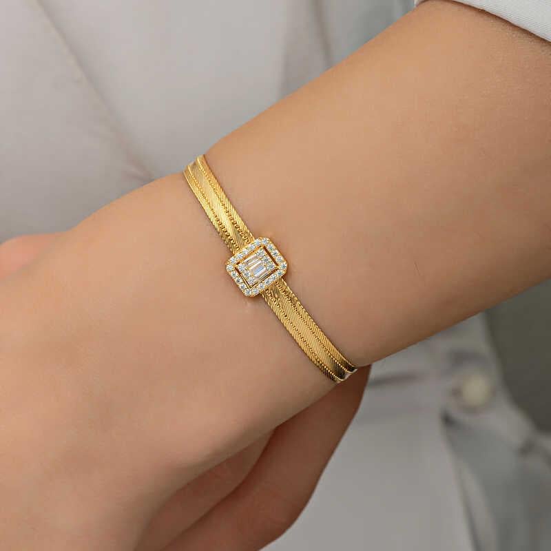Hk Gümüş Kadın Bileklik Gold Baget Taşlı Trabzon Hasır |Gümüş Takı Hediyelik Ürünler
