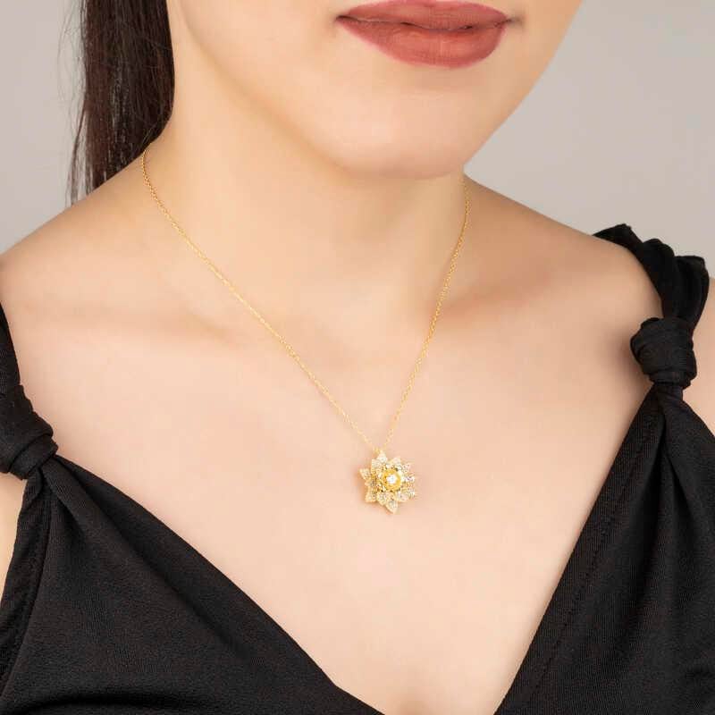 Hk Gümüş Kadın Kolye Gold Beyaz Taşlı Lotus Çiçeği |Gümüş Takı Hediyelik Ürünler
