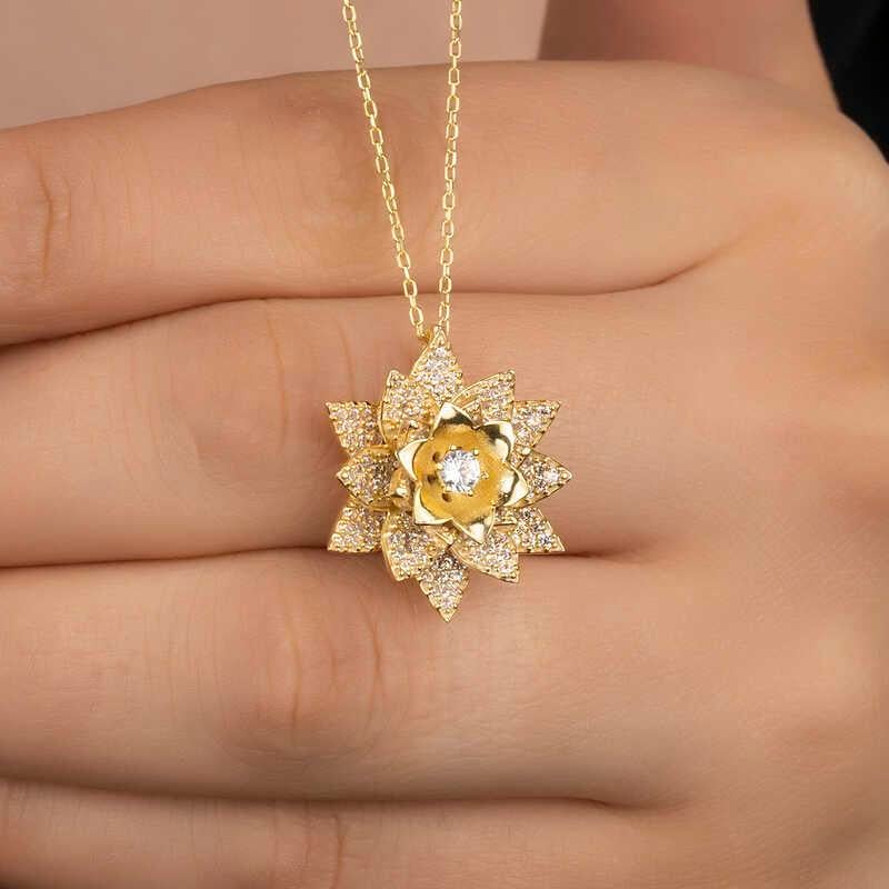 Hk Gümüş Kadın Kolye Gold Beyaz Taşlı Lotus Çiçeği |Gümüş Takı Hediyelik Ürünler