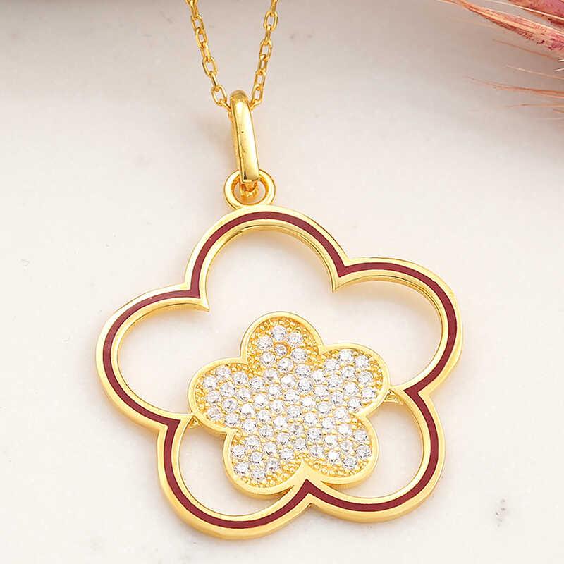 Hk ​Gümüş Kadın Kolye Gold Çiçek Desenli |Gümüş Takı Hediyelik Ürünler
