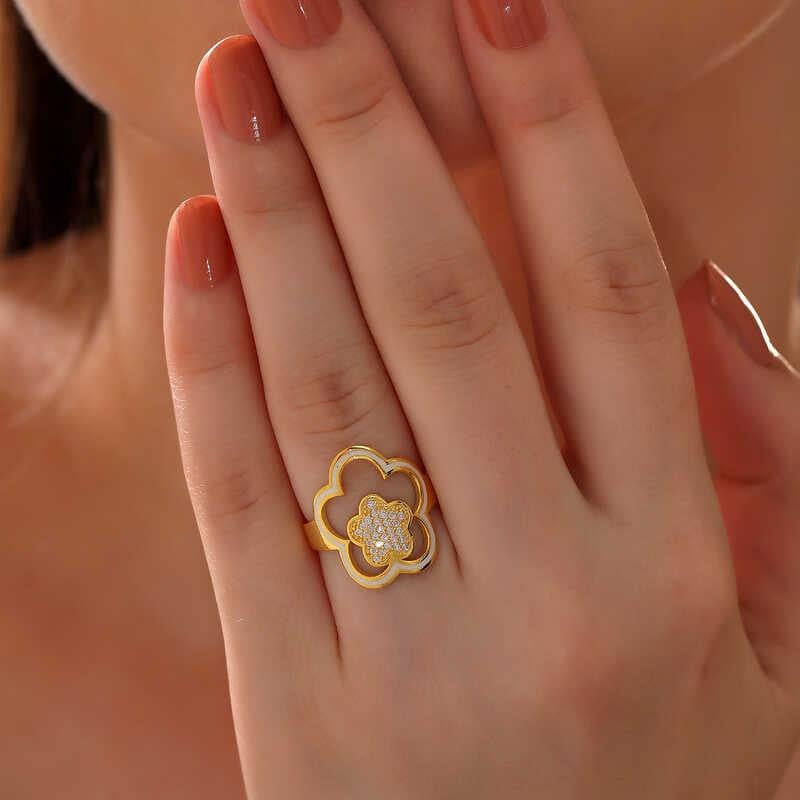 Hk ​Gümüş Kadın Yüzük Gold Çiçek Desenli |Gümüş Takı Hediyelik Ürünler